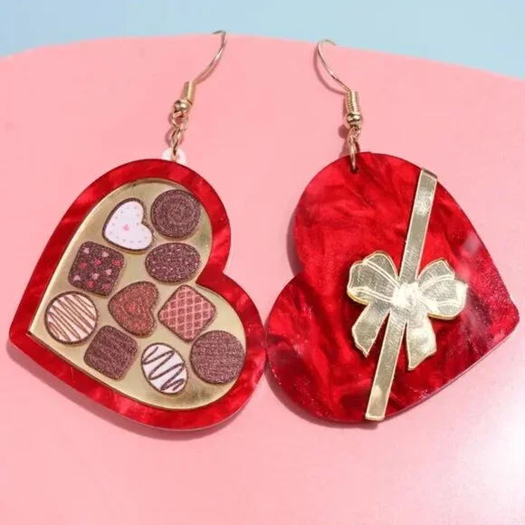 Valentine'S Day Heart-Shaped Acrylic  & Dangle Earrings, (New) - Picture 3 of 3